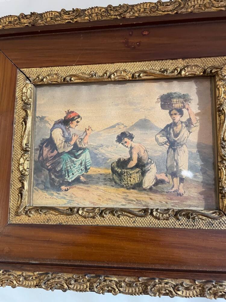Coppia di acquerelli raffiguranti scene di genere